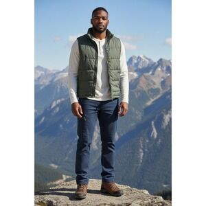 Open Trails Mens Olive Green Quilted Puffer Vest Full Zip Sleeveless Jacket L